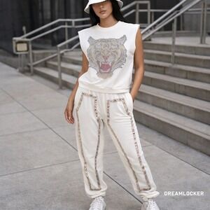Luluiris Womens 2 Piece Jogger Set White Rhinestone Tiger Sleeveless Top Pants